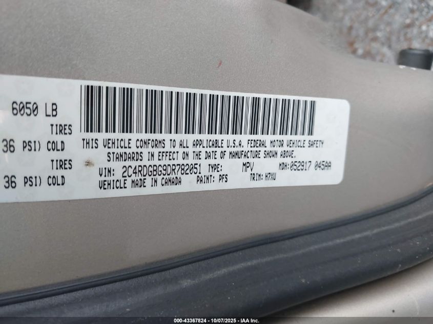 2013 Dodge Grand Caravan Se VIN: 2C4RDGBG9DR782051 Lot: 43367824