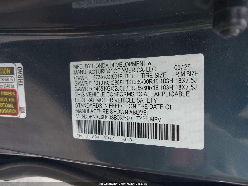 2025 Honda Odyssey Ex-L VIN: 5FNRL6H68SB057500 Lot: 43367826