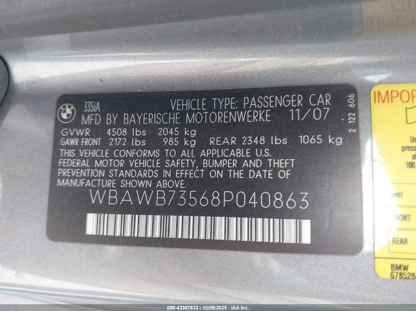 2008 BMW 335I VIN: WBAWB73568P040863 Lot: 43367833