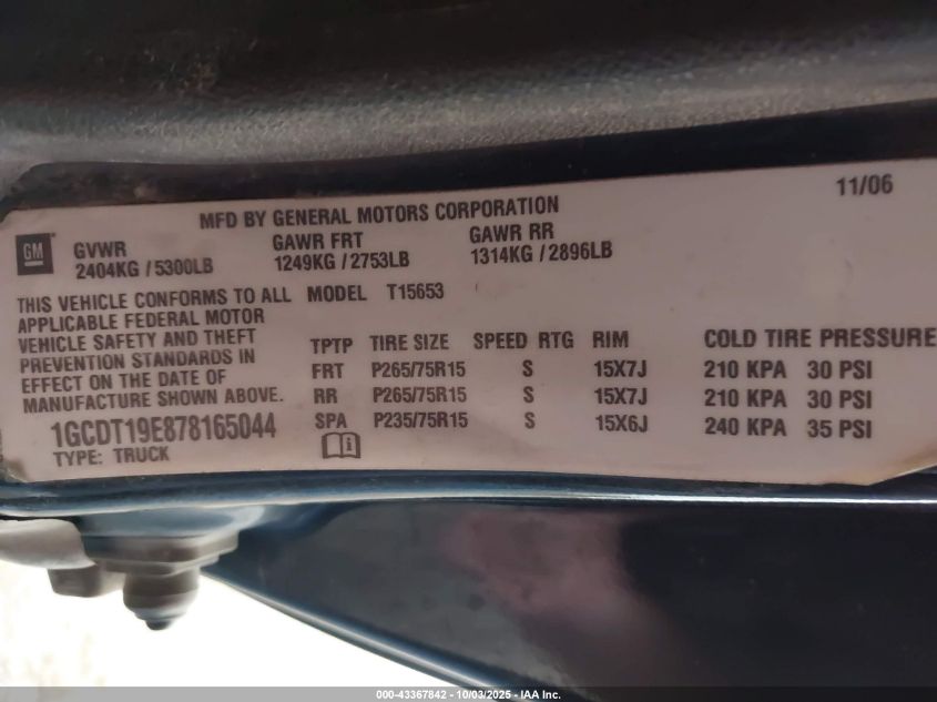 2007 Chevrolet Colorado Lt VIN: 1GCDT19E878165044 Lot: 43367842