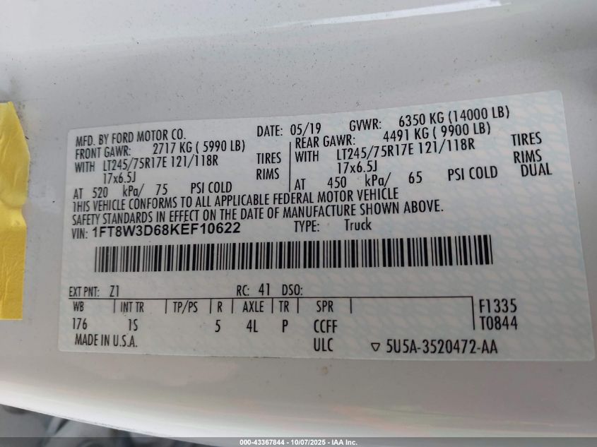 2019 Ford F-350 Xl VIN: 1FT8W3D68KEF10622 Lot: 43367844