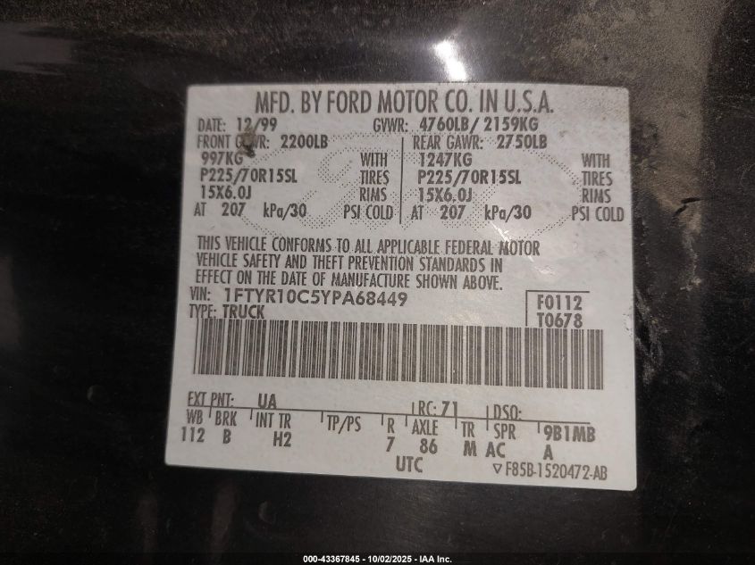 2000 Ford Ranger Xl/Xlt VIN: 1FTYR10C5YPA68449 Lot: 43367845