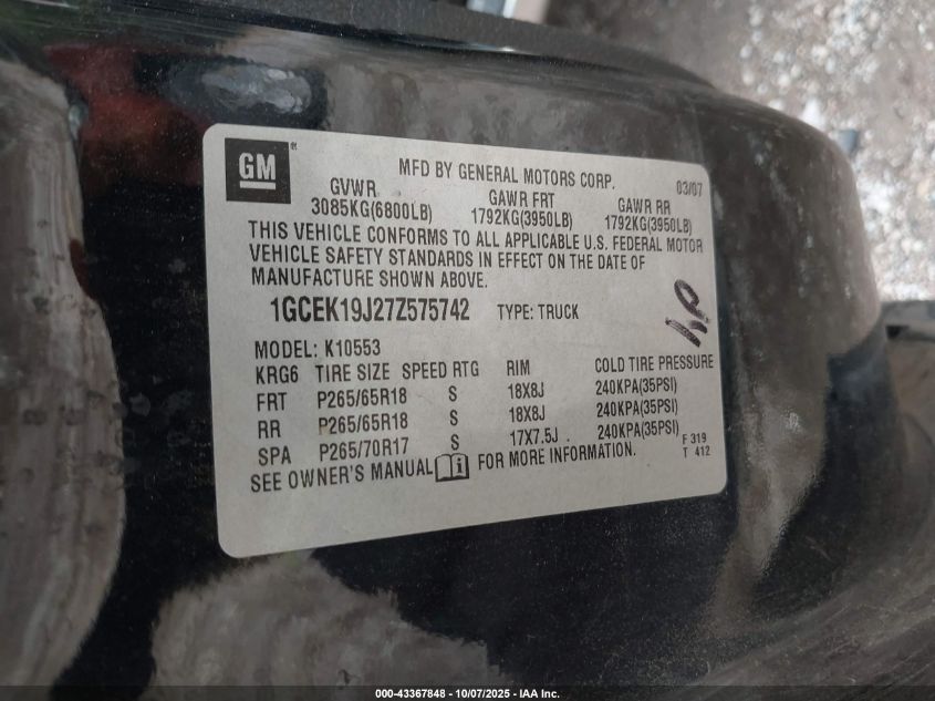 2007 Chevrolet Silverado 1500 Lt1 VIN: 1GCEK19J27Z575742 Lot: 43367848