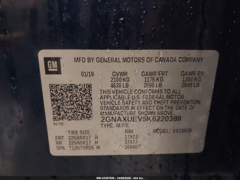 2019 Chevrolet Equinox Lt VIN: 2GNAXUEV5K6220389 Lot: 43367856