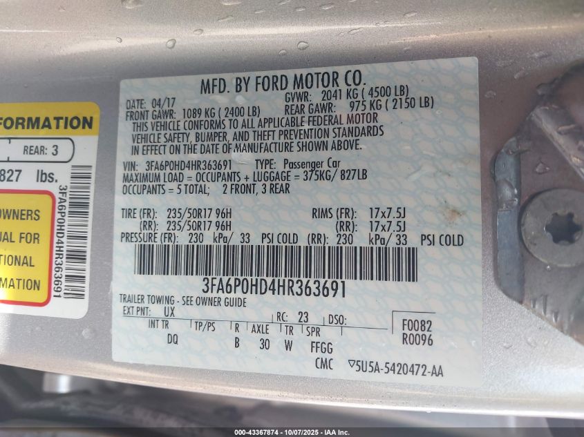 2017 Ford Fusion Se VIN: 3FA6P0HD4HR363691 Lot: 43367874