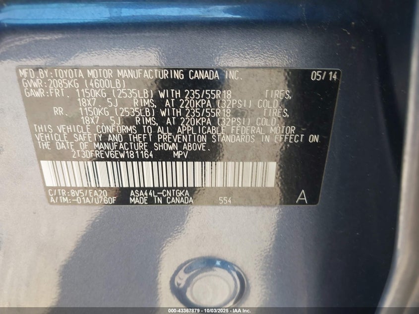 2014 Toyota Rav4 Limited VIN: 2T3DFREV6EW181164 Lot: 43367879