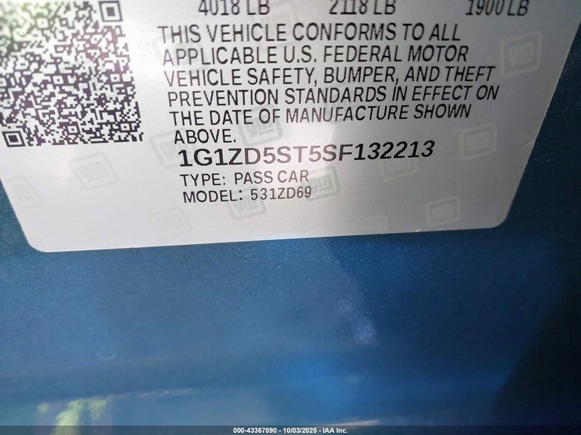 2025 Chevrolet Malibu Fwd 1Lt VIN: 1G1ZD5ST5SF132213 Lot: 43367890