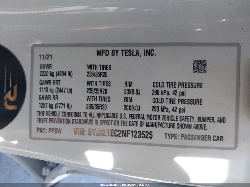 2022 Tesla Model 3 Performance Dual Motor All-Wheel Drive VIN: 5YJ3E1EC2NF123525 Lot: 43367895