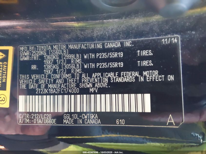 2015 Lexus Rx 350 VIN: 2T2ZK1BA2FC174000 Lot: 43367896