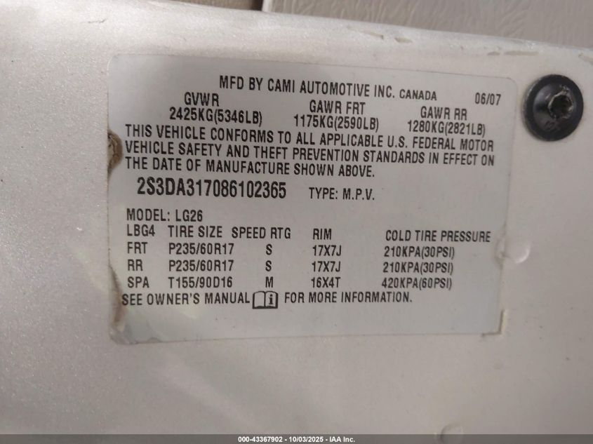 2008 Suzuki Xl7 Luxury VIN: 2S3DA317086102365 Lot: 43367902