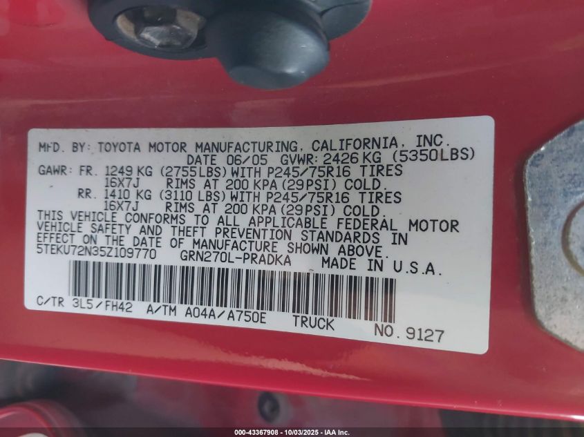 2005 Toyota Tacoma Prerunner V6 VIN: 5TEKU72N35Z109770 Lot: 43367908