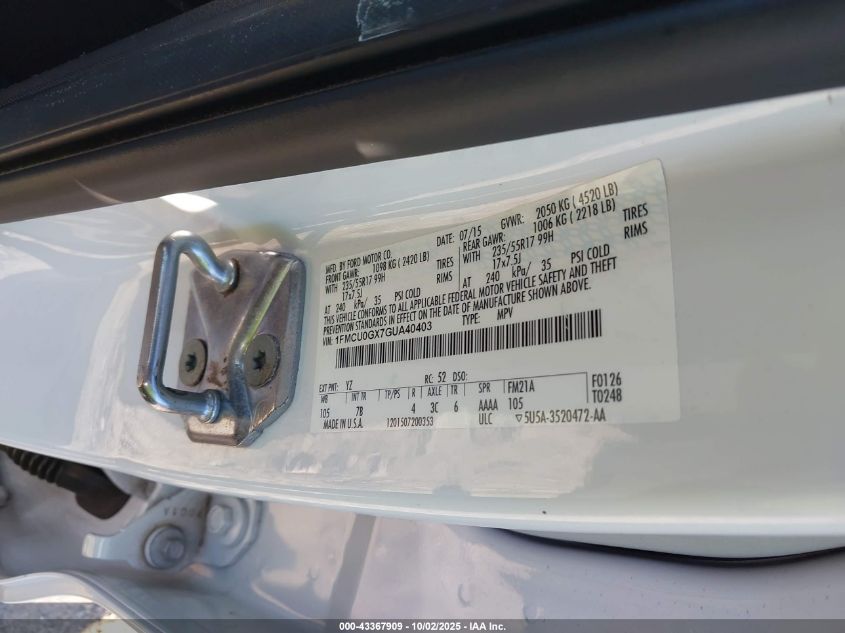 2016 Ford Escape Se VIN: 1FMCU0GX7GUA40403 Lot: 43367909