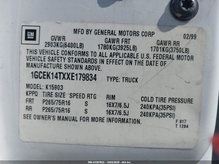 1999 Chevrolet Silverado 1500 Ls VIN: 1GCEK14TXXE179834 Lot: 43367922