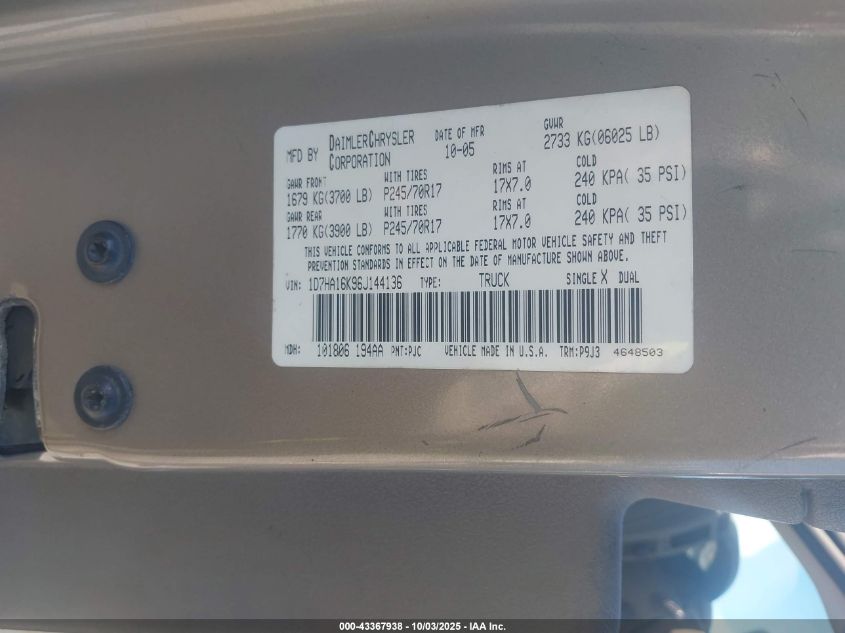 2006 Dodge Ram 1500 St VIN: 1D7HA16K96J144136 Lot: 43367938