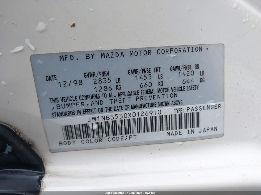 1999 Mazda Mx-5 Miata Leather Pkg/Popular Equipment Pkg/Sports Pkg/Touring Pkg VIN: JM1NB3530X0126910 Lot: 43367951