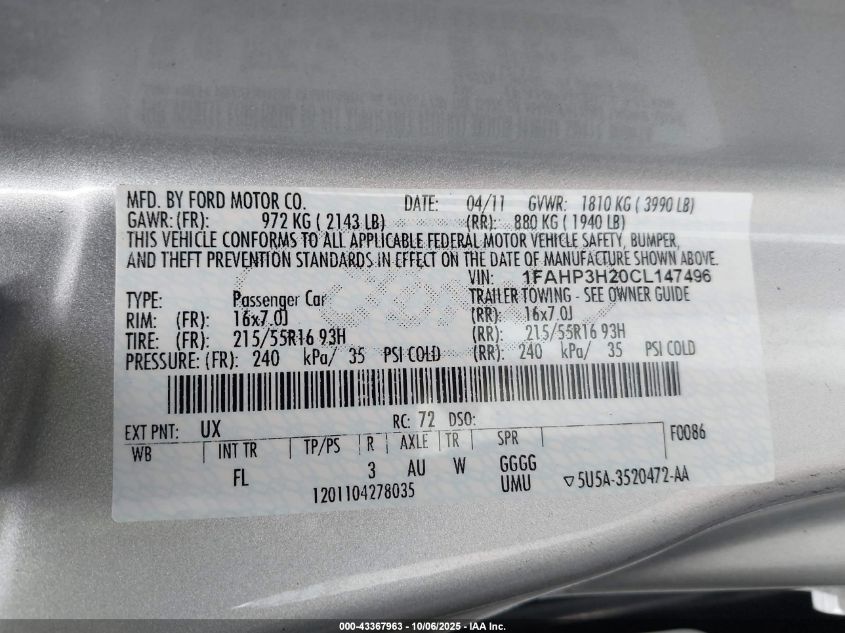 2012 Ford Focus Sel VIN: 1FAHP3H20CL147496 Lot: 43367963