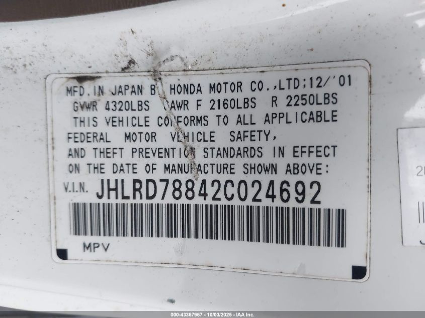 2002 Honda Cr-V Ex VIN: JHLRD78842C024692 Lot: 43367967