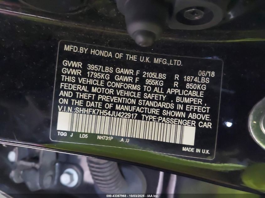 2018 Honda Civic Ex VIN: SHHFK7H54JU422917 Lot: 43367968