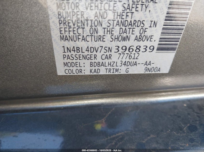 2025 Nissan Altima Sv Fwd VIN: 1N4BL4DV7SN396839 Lot: 43368003