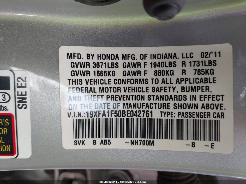 2011 Honda Civic Lx VIN: 19XFA1F50BE042761 Lot: 43368014