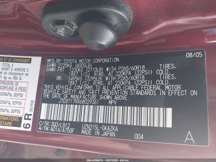 2006 Toyota 4Runner Limited V8 VIN: JTEBT17RX68029361 Lot: 43368018