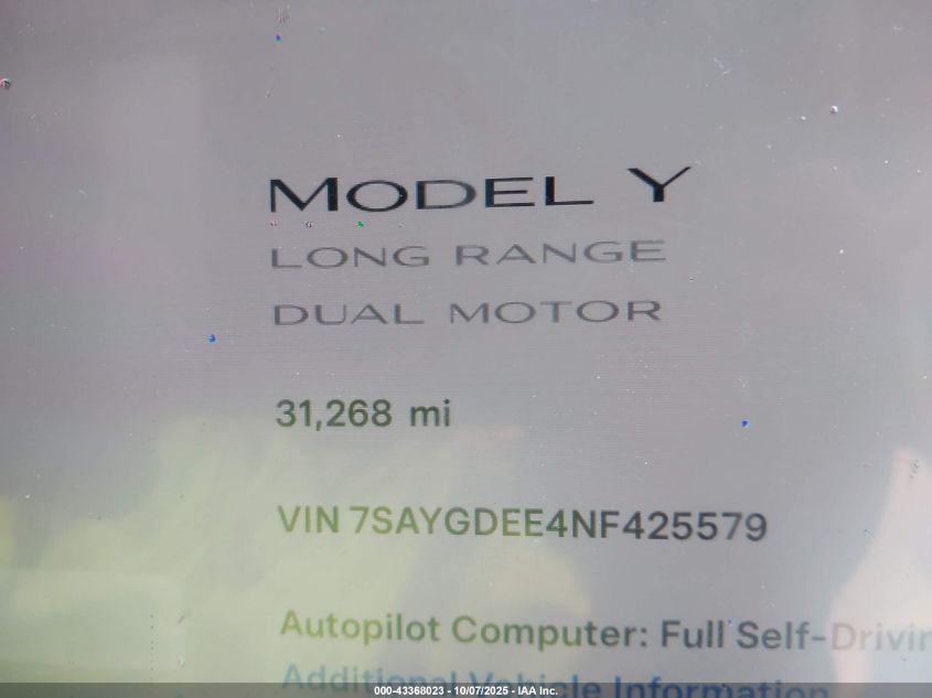 2022 Tesla Model Y Long Range Dual Motor All-Wheel Drive VIN: 7SAYGDEE4NF425579 Lot: 43368023