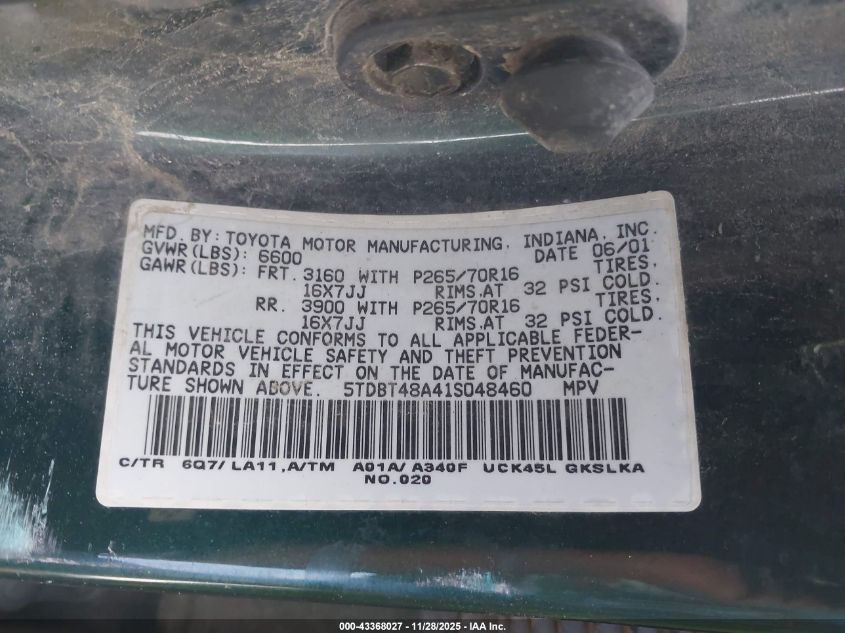 2001 Toyota Sequoia Limited V8 VIN: 5TDBT48A41S048460 Lot: 43368027