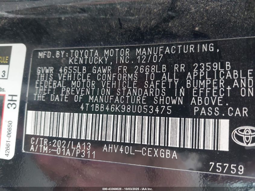 2008 Toyota Camry Hybrid VIN: 4T1BB46K98U053475 Lot: 43368028