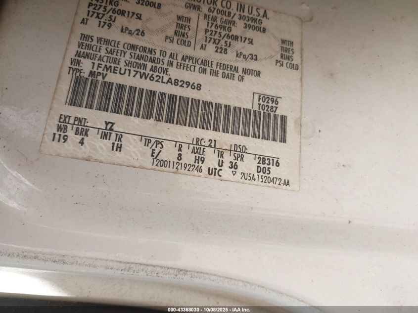 2002 Ford Expedition Eddie Bauer VIN: 1FMEU17W62LA82968 Lot: 43368030