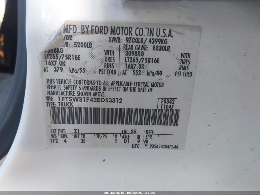 2002 Ford F-350 Lariat/Xl/Xlt VIN: 1FTSW31F42ED53312 Lot: 43368045