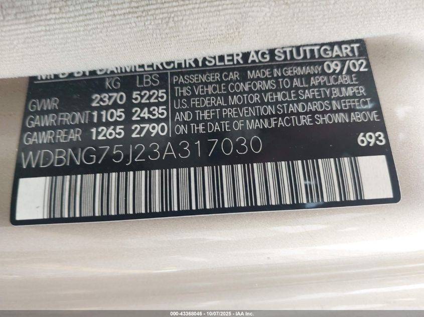 2003 Mercedes-Benz S 500 VIN: WDBNG75J23A317030 Lot: 43368046