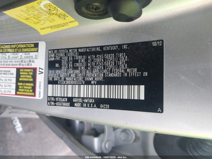 2013 TOYOTA VENZA XLE V6 4T3ZK3BB9DU055579