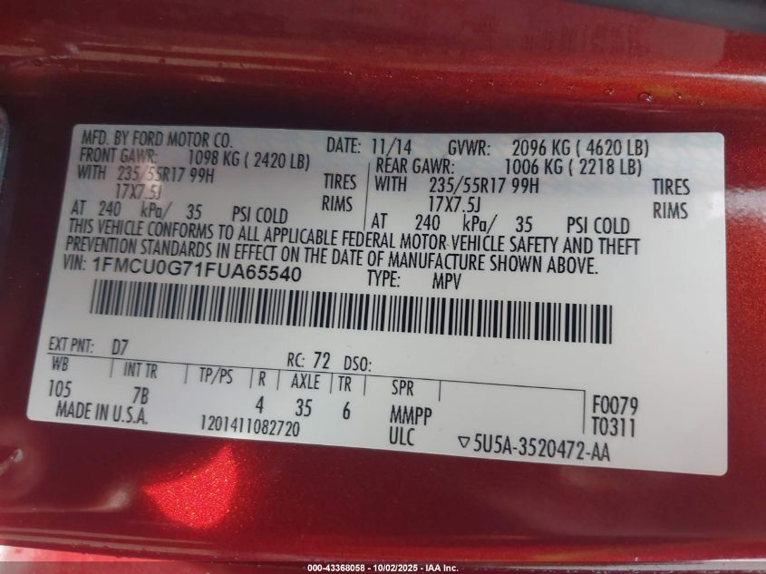 2015 Ford Escape Se VIN: 1FMCU0G71FUA65540 Lot: 43368058