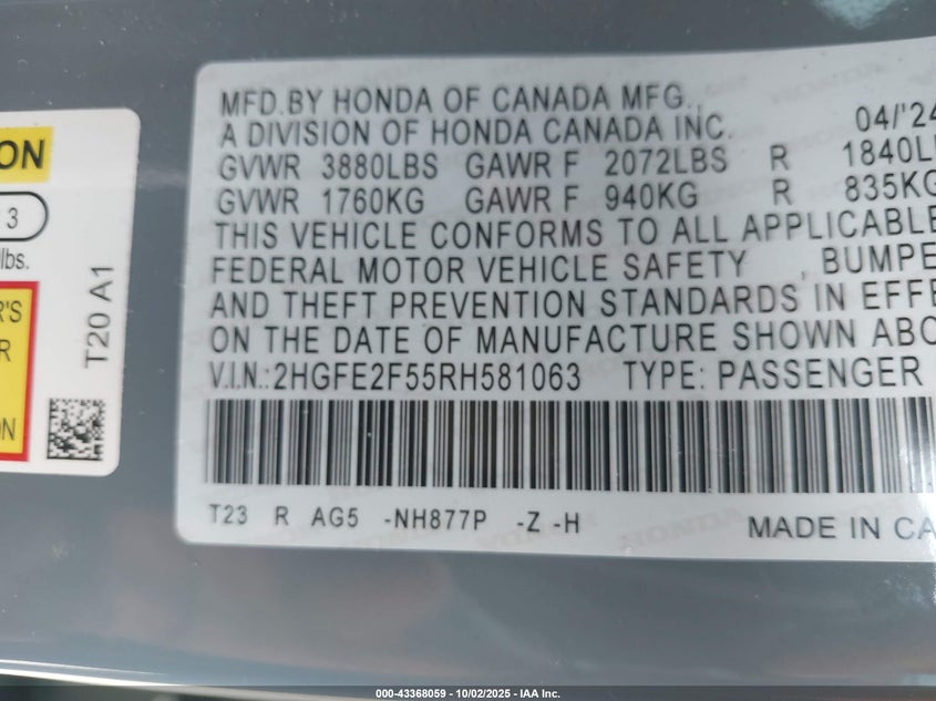 2024 HONDA CIVIC SPORT - 2HGFE2F55RH581063