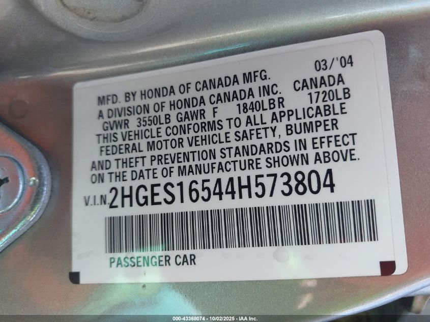 2004 Honda Civic Lx VIN: 2HGES16544H573804 Lot: 43368074