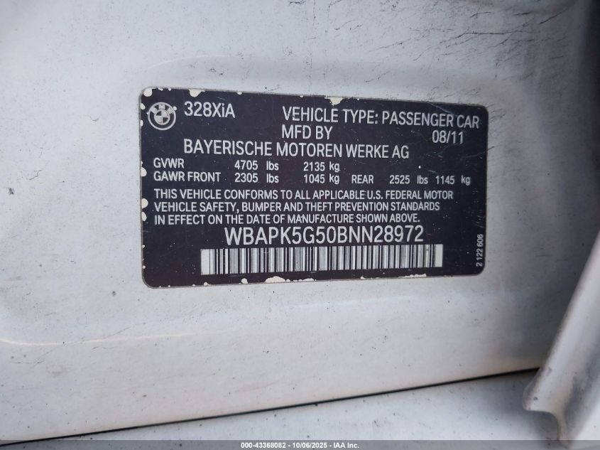 2011 BMW 328I xDrive VIN: WBAPK5G50BNN28972 Lot: 43368082