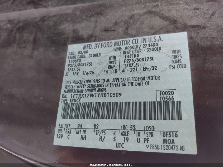 2000 Ford F-150 Lariat/Work Series/Xl/Xlt VIN: 1FTRX17W1YKB10509 Lot: 43368085