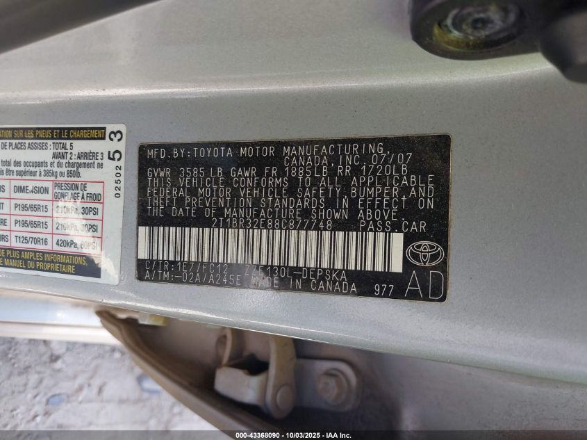 2008 Toyota Corolla S VIN: 2T1BR32E88C877748 Lot: 43368090