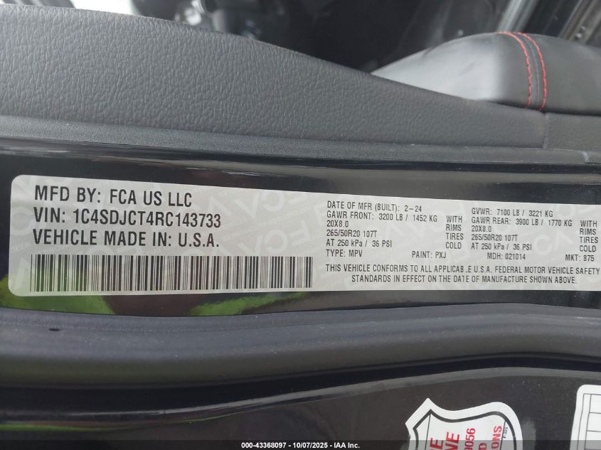 2024 Dodge Durango R/T Plus Awd VIN: 1C4SDJCT4RC143733 Lot: 43368097