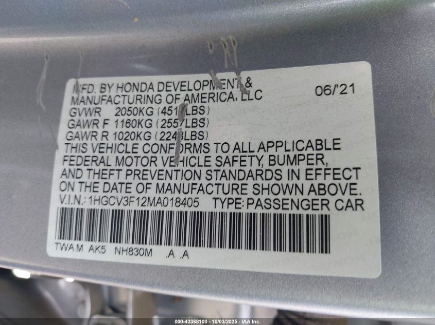 2021 Honda Accord Hybrid VIN: 1HGCV3F12MA018405 Lot: 43368100
