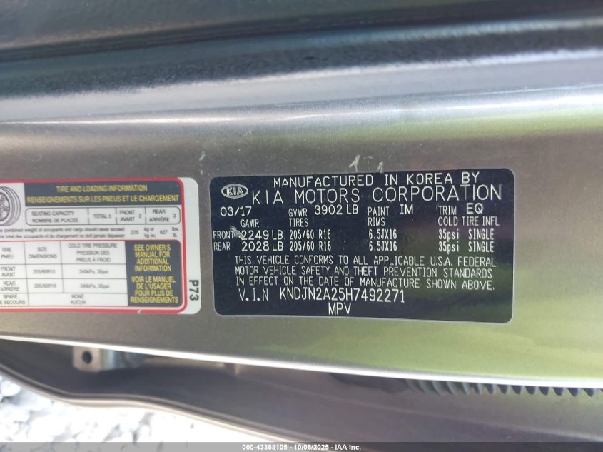 2017 Kia Soul VIN: KNDJN2A25H7492271 Lot: 43368105