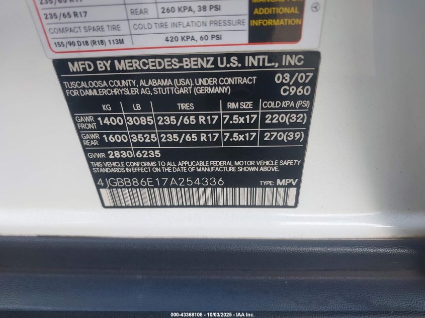 2007 Mercedes-Benz Ml 350 4Matic VIN: 4JGBB86E17A254336 Lot: 43368108