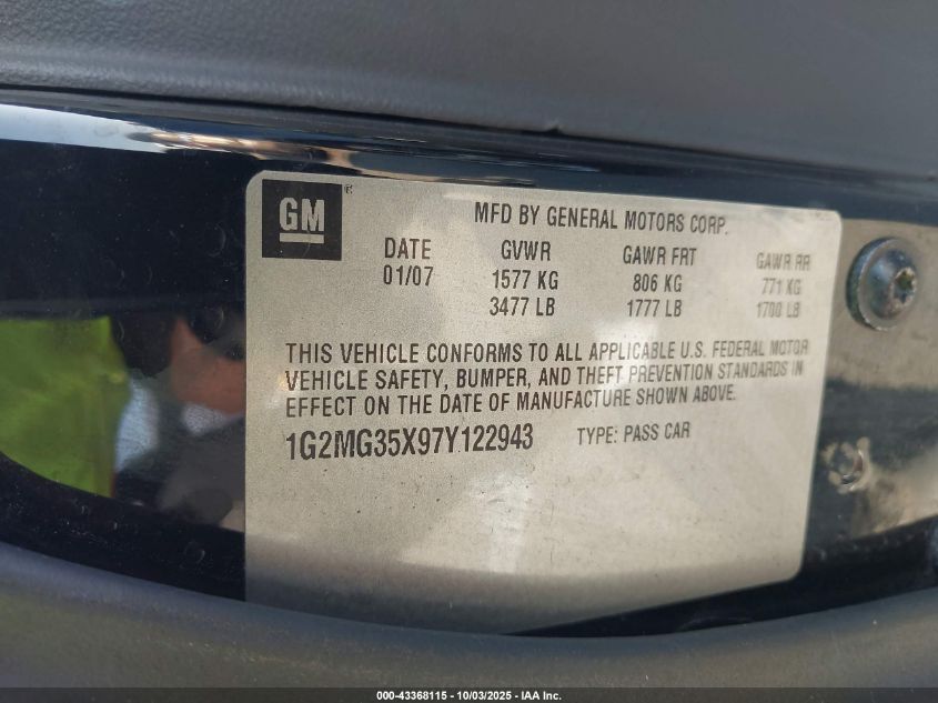 2007 Pontiac Solstice Gxp VIN: 1G2MG35X97Y122943 Lot: 43368115