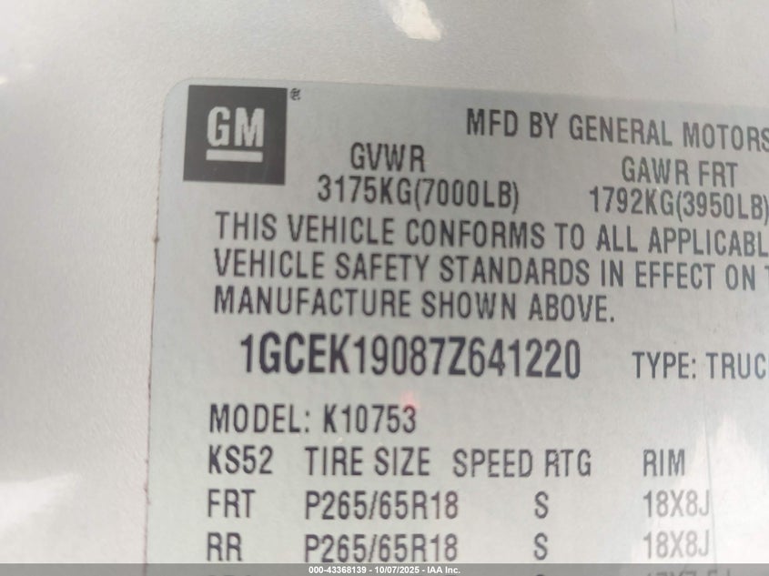 2007 Chevrolet Silverado 1500 Ltz VIN: 1GCEK19087Z641220 Lot: 43368139