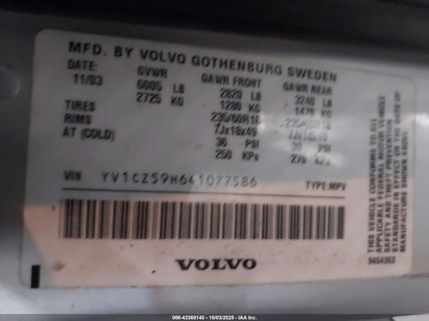 2004 Volvo Xc90 2.5T Awd VIN: YV1CZ59H641077586 Lot: 43368140