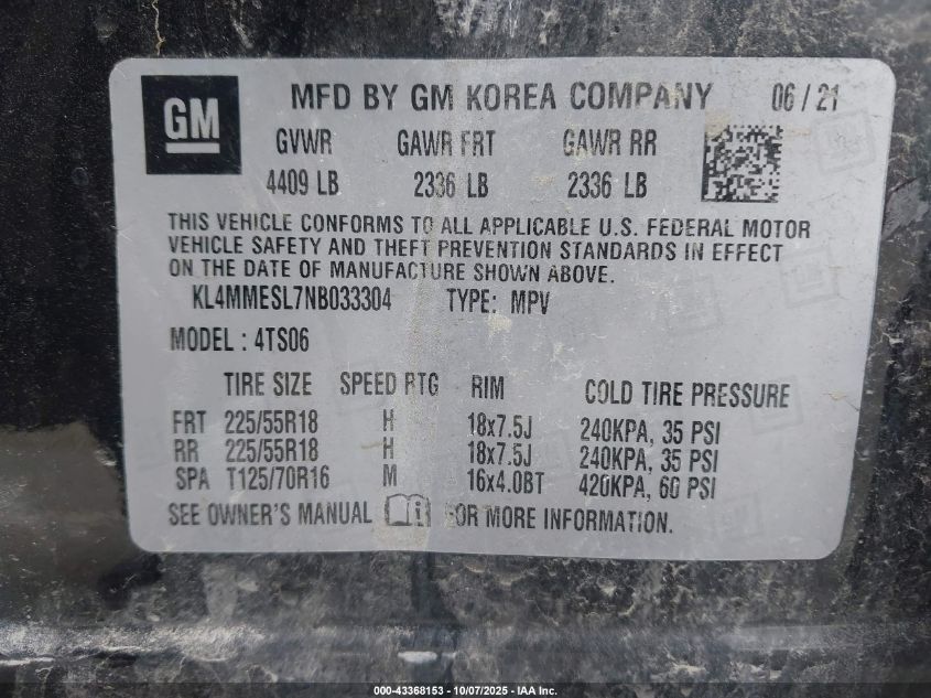 2022 Buick Encore Gx Awd Select VIN: KL4MMESL7NB033304 Lot: 43368153