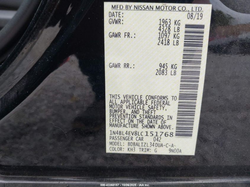 2020 Nissan Altima Sl Fwd VIN: 1N4BL4EV8LC151768 Lot: 43368157