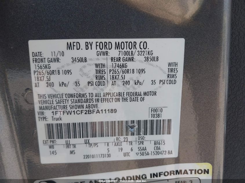 2011 Ford F-150 Xlt VIN: 1FTFW1CF2BFA11189 Lot: 43368159