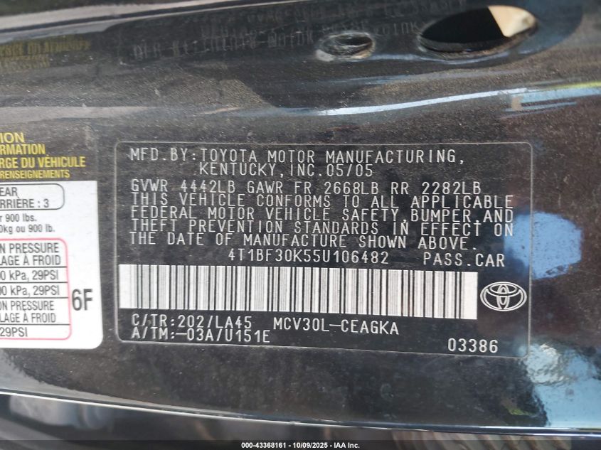 2005 Toyota Camry Xle V6 VIN: 4T1BF30K55U106482 Lot: 43368161