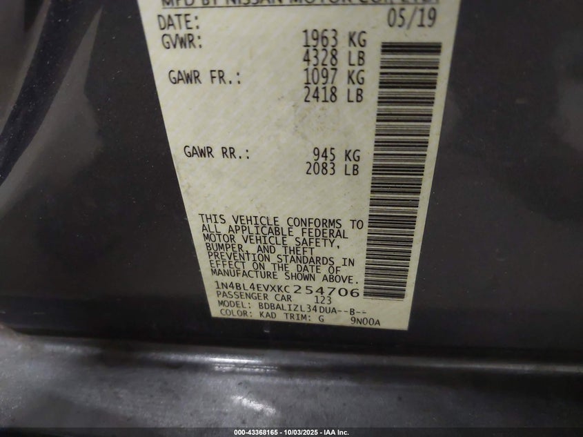 2019 Nissan Altima 2.5 Sl VIN: 1N4BL4EVXKC254706 Lot: 43368165